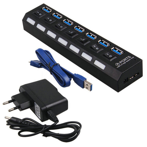 High Speed 7 PORT USB 3.0 HUB 5 Gbps With Power On/Off Switch Adapter