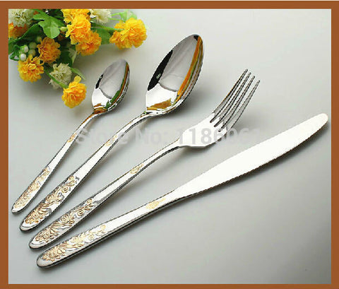24pcs Stainless Steel Flatware Sets Gold Plated Cutlery  Dinner Set