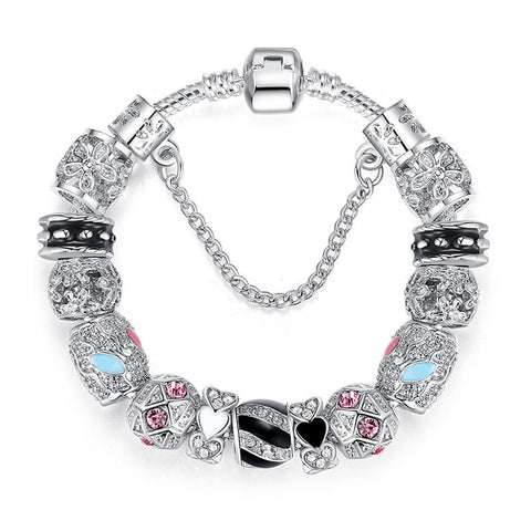 Silver Crystal Beads Charms Bracelet