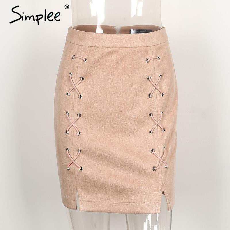 Lace up Leather Suede Skirt