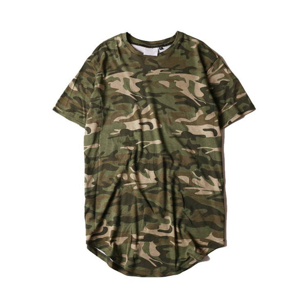 Hi-street Solid Curved Hem T-shirt Men Longline Extended Camouflage Hip Hop Tshirts Urban Kpop Tee Shirts Male Clothing 6colors