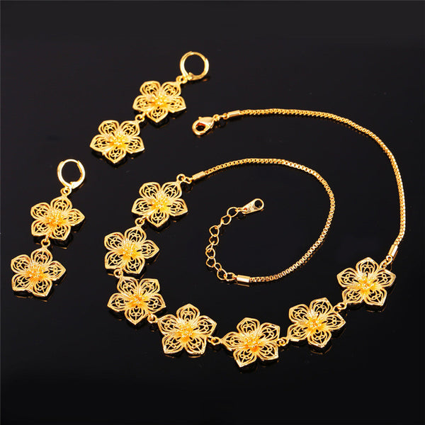Gold Plated Long Earrings & Charms Necklace Set