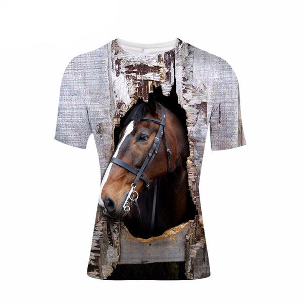 2017 New Fashion Casual 3D Horse Printed Short Sleeve Cotton T-Shirt S-XXL