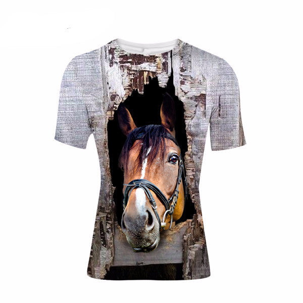 2017 New Fashion Casual 3D Horse Printed Short Sleeve Cotton T-Shirt S-XXL
