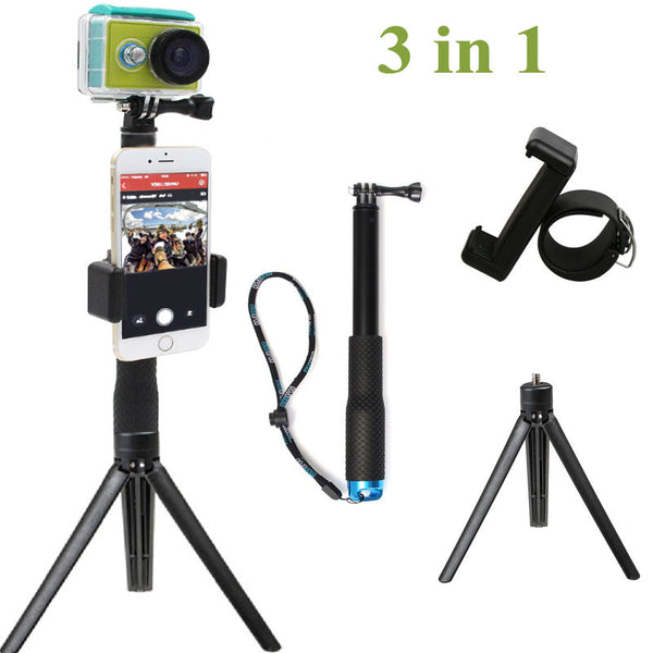 3in1 Go Pro Extendable Pole Selfie Stick Handheld Monopod + Phone Clip + Mini Tripod Stand Holder for iPhone GoPro 5 4 3+ SJ4000