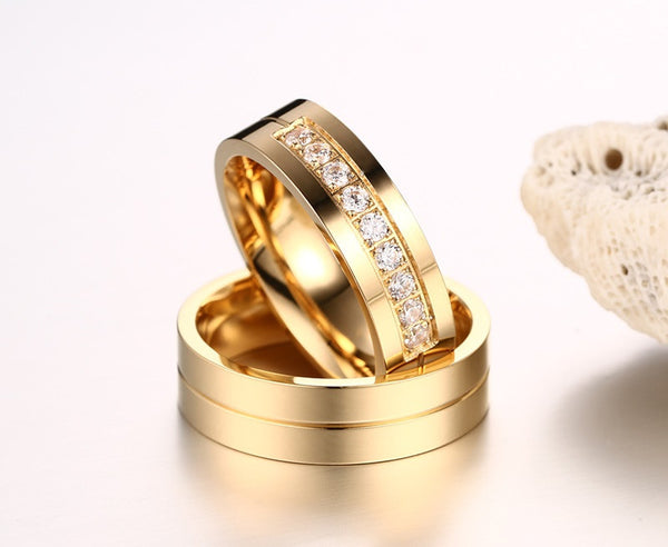 Mens 18K Gold Plated CZ Diamond & Zirconia Stainless Steel Ring