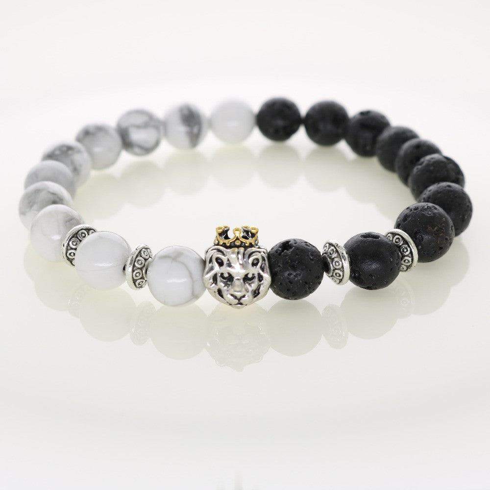 Natural Stones Silver Lion Charm Bracelets With Gold Crown