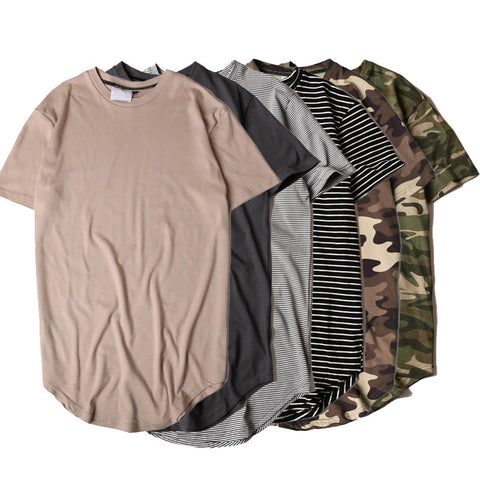 Hi-street Solid Curved Hem T-shirt Men Longline Extended Camouflage Hip Hop Tshirts Urban Kpop Tee Shirts Male Clothing 6colors